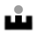 A 6 o'clock open pistol sight picture with focus on the front sight element; the out-of-focus gray dot represents the target.