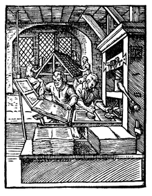 A woodcut from 1568 showing an old printing press