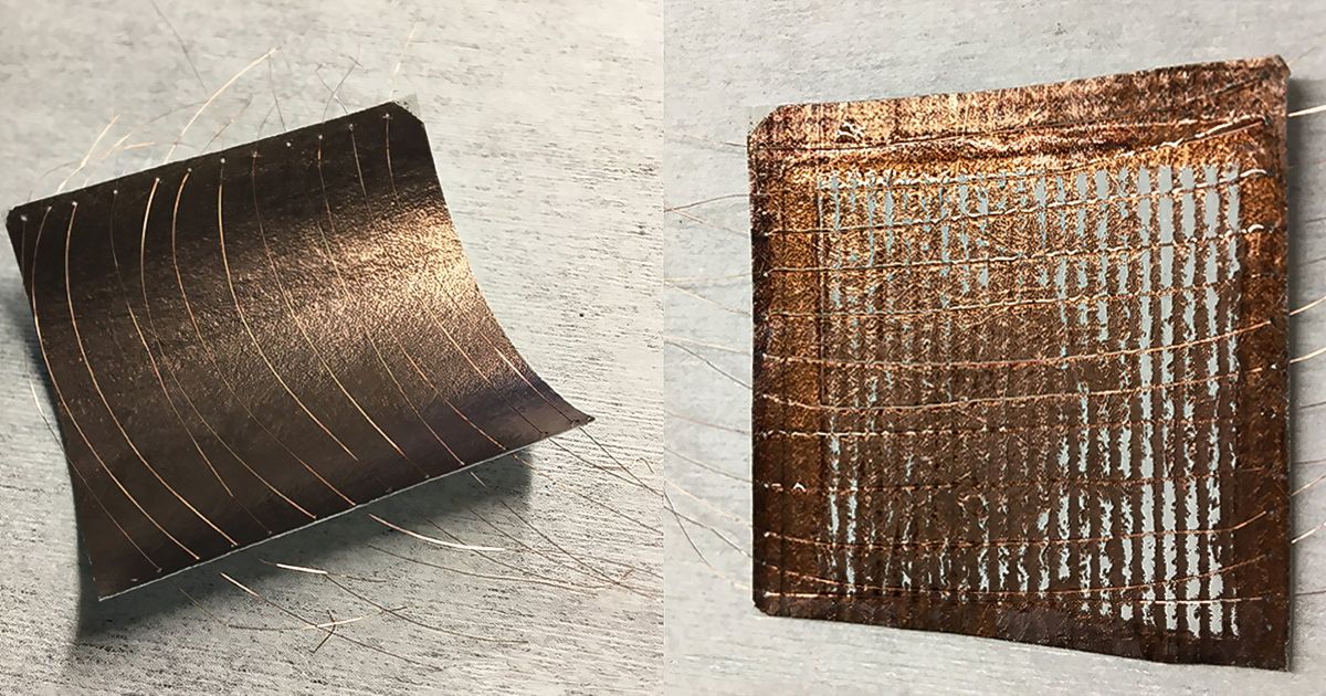 A copper wire loosely laying atop an electrochemical cell, alongside an image of a flattened and wrinkled HCGDE featuring indents from the copper wire.