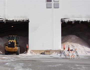 Road salt fills a storage barn in Southwest Philadelphia. (Emma Lee/WHYY)