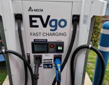 One of the new bank of EVgo quick chargers for electric vehicles outside a Wawa store at Aramingo Avenue and Wheatsheaf Lane in Philadelphia. (Tom MacDonald/WHYY)