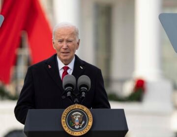 President Joe Biden speaks on the South Lawn of the White House during a ceremony to commemorate World AIDS Day with survivors, their families and advocates, Sunday, Dec. 1, 2024, in Washington. (AP Photo/Manuel Balce Ceneta)