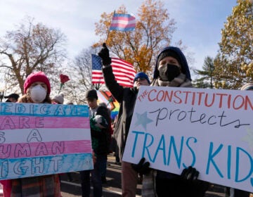 Supporters of transgender rights hold signs as they rally outside the Supreme Court on Wednesday in Washington, D.C., as arguments begin in a case regarding a Tennessee law banning gender-affirming medical care for transgender youth. (Drew Angerer/Getty Images)