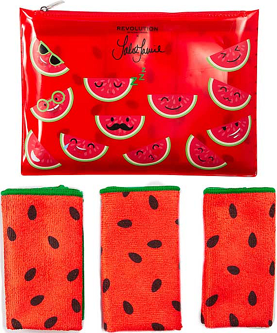 Revolution Skincare x Jake Jamie Watermelon Microfibre Cleansing Cloths - Set (serviette démaquillante en microfibre/3pcs + trousse de toilette/1pcs)