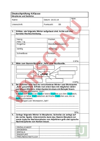 Arbeitsblatt Prufung Morpheme Und Satzlehre Deutsch Grammatik