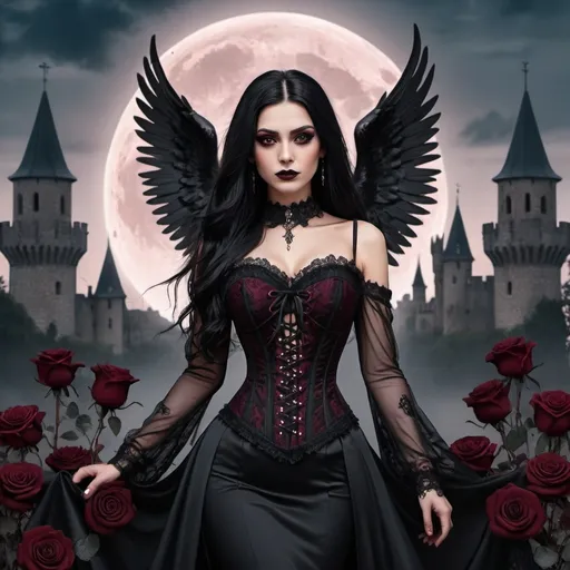 Prompt: A tall dark angel woman, with long black hair, brown eyes, black long wings, dressed with a black & bordeaux laces corset. She is adorned in an elegant black long gown with intricate lace details and stunning bordeaux roses. The background is a landscape with a goth castle, with big wolves, fullmoon, and black skulls on the ground. Ai real photo, 4k, poster.