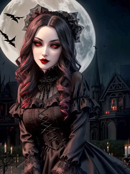 Prompt: A goth vampire girl with black lace dress, ((pale skin)), ((dark red lipstick)), ((intense crimson eyes)), long ((jet-black)) hair cascading over her shoulders, ((elegant)) fangs peeking out from her lips, ((sinister)) smirk illuminated by the flickering candlelight, standing in front of a ((creepy)) Gothic mansion adorned with ((ornate)) gargoyles and ivy-covered walls. Behind her, a full moon casts an eerie glow, casting long shadows across the ((desolate)) graveyard scattered with crumbling tombstones.