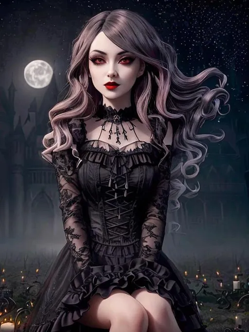 Prompt: A goth vampire girl with black lace dress, ((pale skin)), ((dark red lipstick)), ((intense crimson eyes)), long ((jet-black)) hair cascading over her shoulders, ((elegant)) fangs peeking out from her lips, ((sinister)) smirk illuminated by the flickering candlelight, standing in front of a ((creepy)) Gothic mansion adorned with ((ornate)) gargoyles and ivy-covered walls. Behind her, a full moon casts an eerie glow, casting long shadows across the ((desolate)) graveyard scattered with crumbling tombstones.