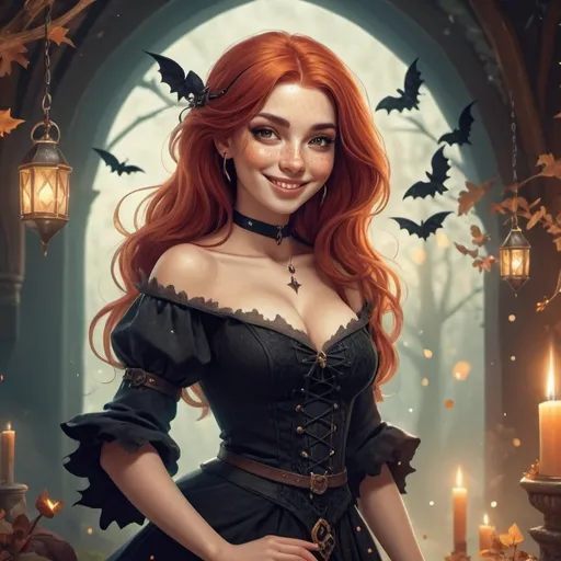 Prompt: Full body Fantasy illustration of a young beautiful witch with red hair and freckles, (naughty smile), fantasy style, warm color scheme, enchanting atmosphere, whimsical background, intricate details, mystical elements, spellbinding light, rich textures, (dreamlike ambiance), 4K, ultra-detailed, magical scene, inviting enchantment, rpg-fantasy, total view.