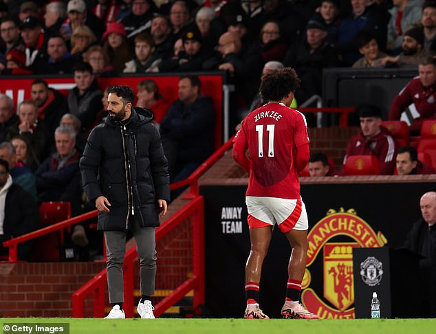 He was substituted off by Ruben Amorim (left) after 33 minutes of Monday's loss to Newcastle