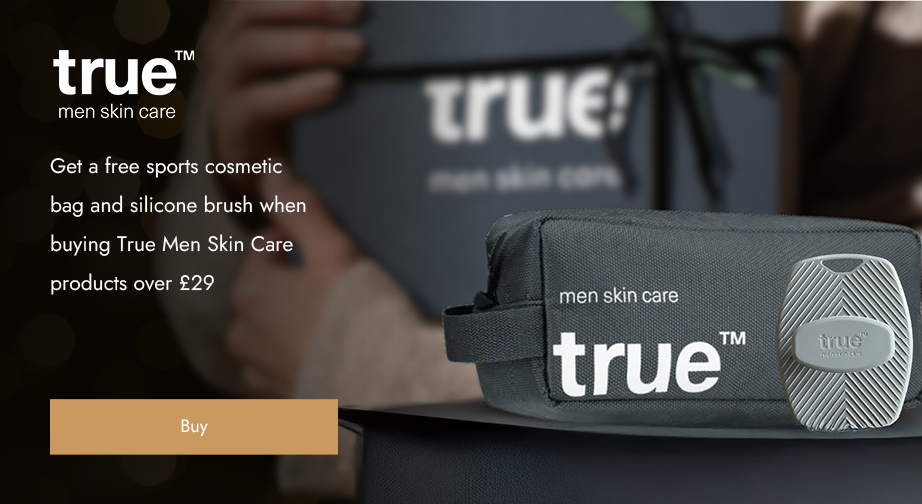 Get a free sports cosmetic bag and silicone brush when buying True Men Skin Care products over £29