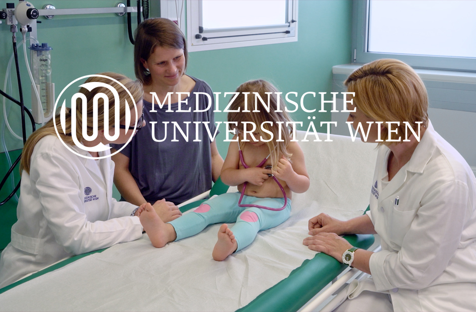 Das Logo des Meduni Iwen vor einem Foto aus einem behandlungszimmer