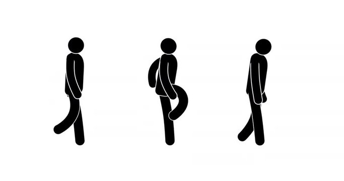 Pictogram man walking cycle. Three options - icon people goes quietly, happily dancing, sad. Looped 2D animation with alpha mask.