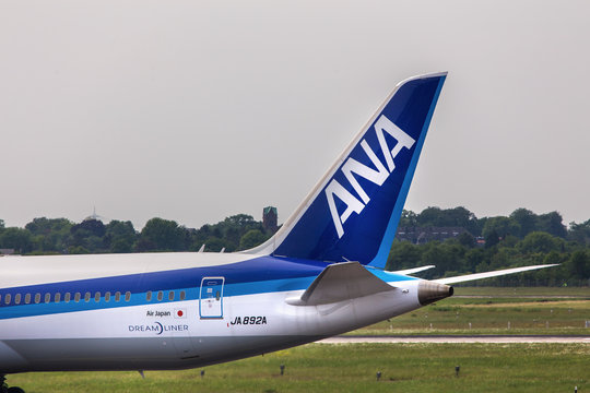 dusseldorf, nrw/germany - 12 05 18: ana airlines airplane japan on ground at dusseldorf airport germany