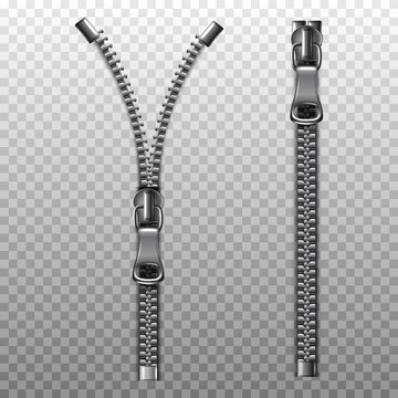 3d realistic vector metal zipper in silver open and closed. Isolated on white background.