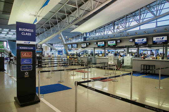 Tokyo, Japan - December 2017: ANA, All Nippon Airways, check-in counter at Narita Airport, Japan. JAL, ANA is the flag carrier airline and the largest airline in Japan.