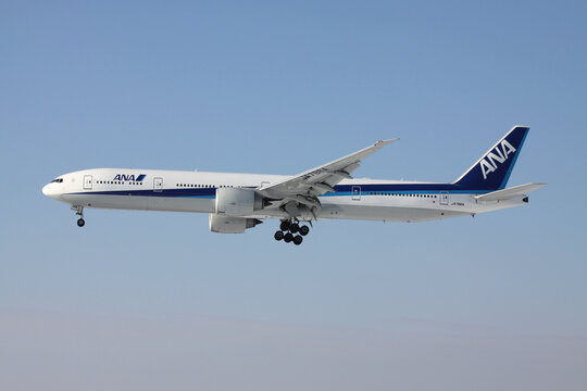 FRANKFURT AM MAIN, GERMANY - MARCH 15, 2013: Japanese ANA All Nippon Airways Boeing 777-300 with registration JA788A on short final for runway 25L of Frankfurt Airport.