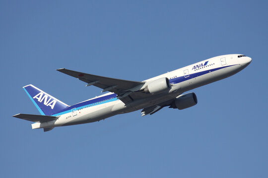 FRANKFURT AM MAIN, GERMANY - FEBRUARY 4, 2012: Japanese All Nippon Airways Boeing 777-200 with registration JA717A airborne at Frankfurt Airport.