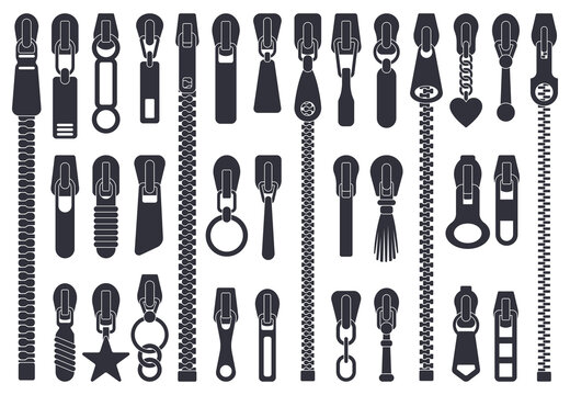 Zipper fasteners. Clothing zipper pullers silhouettes, closed zipper lock, slide fasteners isolated vector illustration set. Sewing zipper elements