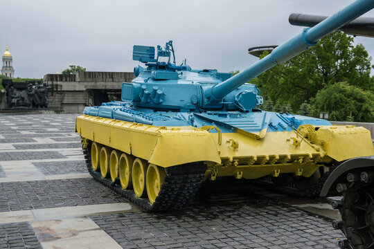 T-64 tank in the colors of the flag of Ukraine, Kiev