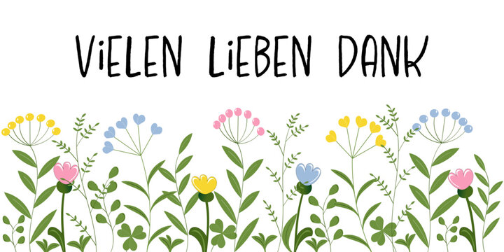 Vielen lieben Dank - Schriftzug in deutscher Sprache. Danksagungskarte mit Blumen in Pastellfarben.