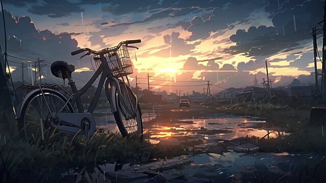 A bicycle on muddy ground parked in the rain in a city. anime art style, loop animation