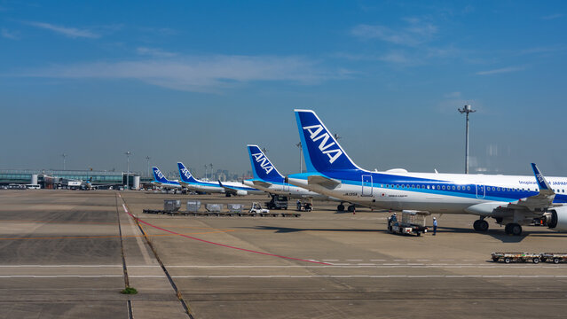 Haneda, Tokyo, Japan - July 26 2023: ANA Jets parked at  Tokyo International Airport at daytime.