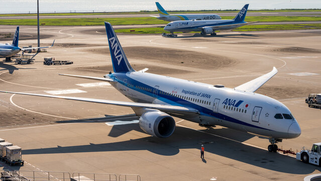 Haneda, Tokyo, Japan - July 26 2023: ANA Jets parked at  Tokyo International Airport at daytime.