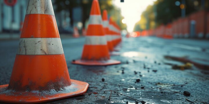 A cluster of traffic cones placed on the side of a road. Ideal for illustrating road construction or safety precautions