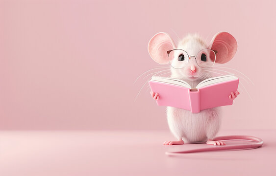 cute white mouse reading a p book in pink solid background/banner/website