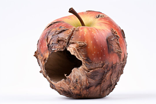 Rotten apple fruit with hole on white background