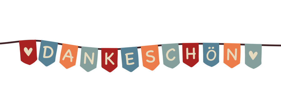 Dankeschön - Schriftzug in deutscher Sprache. Banner mit einer bunten Wimpelkette.