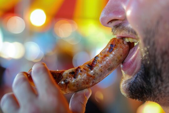 Man savoring a juicy bratwurst at Oktoberfest, delight evident on his face as he bites into the savory delight with a festive background blur