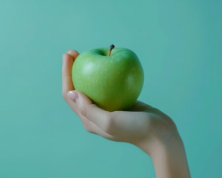 woman hand holing a green apple on blue background