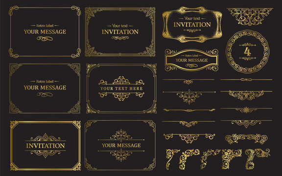 Design gold elements set, decorative flourish border corner and frame collection for invitation, menu and page decoration