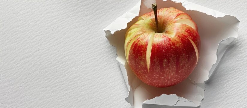 sliced apple fruit positioned behind a hole in plain paper. Copy space image. Place for adding text and design