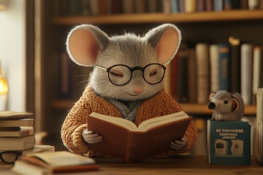 Librarian Mouse: A mouse in a cardigan and glasses, reading a book at a small desk in a cozy library. 