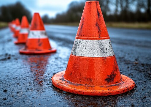 Traffic cones are placed along a rainy road, marking a construction zone