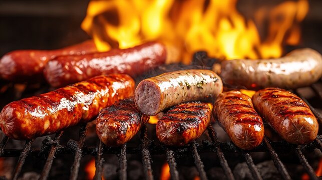 A selection of sausages on a grill, including bratwurst and chorizo, with a background of sizzling flames