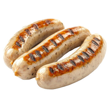 Three freshly grilled bratwurst sausages with distinct grill marks, highlighting their flavorful appearance, bratwurst sausages isolated