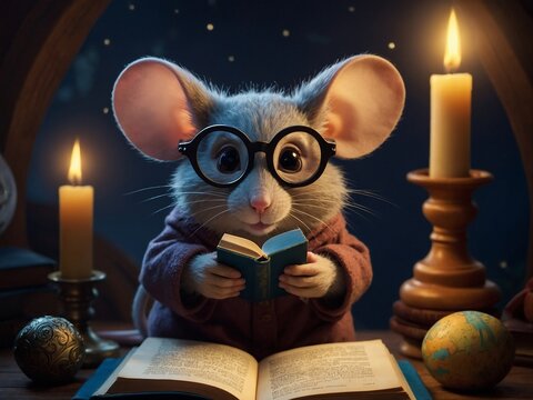 A whimsical illustration for kids showing a clever mouse with glasses reading a book by candlelight.