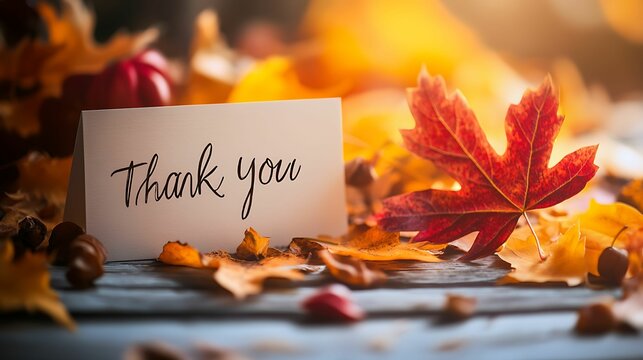 A handwritten "Thank you" card placed among colorful autumn leaves, creating a warm and seasonal atmosphere perfect for gratitude messages.