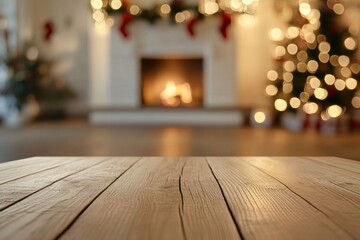 Naklejka premium Wooden table top fireplace christmas decor.