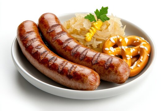 German bratwurst sausage, served with sauerkraut, mustard, and a side of warm pretzels