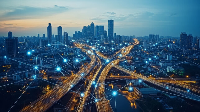 Intelligent city idea. Leveraging digital infrastructure to develop efficient and sustainable solutions for transportation, energy, waste management, communication, and other services through data ana