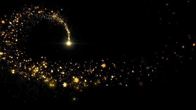 Gold glittering star dust trail sparkling particles black background. Space Golden flying particles. Shining Magic Light. Fairy Tail Glitter Particles Sparkling Glitter Trail Particle Awards 4K 3D