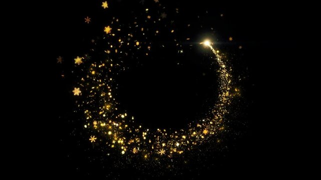 Gold glittering star dust trail sparkling particles black background. Space Golden flying particles. Shining Magic Light. Fairy Tail Glitter Particles Sparkling Glitter Trail Particle Awards 4K 3D