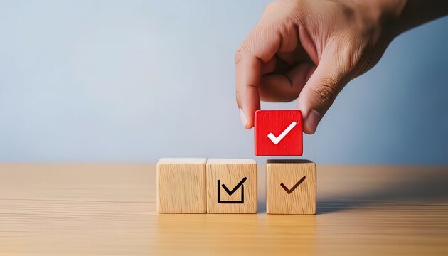 Hand placing a red check mark on wooden blocks, light background.