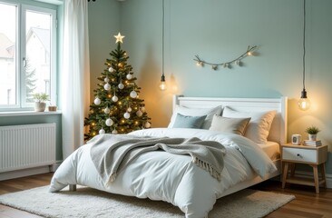 Naklejka premium a cozy bedroom that features a comfortable bed and a beautifully decorated Christmas tree, creating a warm holiday atmosphere