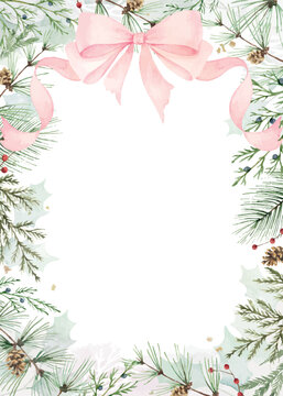 Watercolor vector frame with pink bow, ribbons and fir twigs. Borders for holiday greeting card, stationery and invitation. Hand painted winter plants. Xmas template.